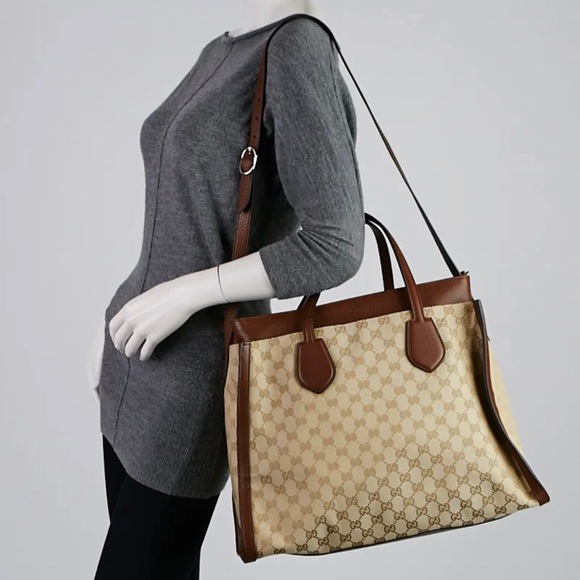 Gucci Handbags - Authentic GUCCI Ramble original gg canvas and Brown leather layered tote